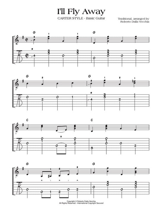 Sheet music for 'I'll Fly Away' arranged for guitar with tablature by Roberto Dalla Vecchia