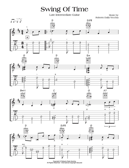 Sheet music for 'Swing Of Time' by Roberto Della Vecchia, featuring guitar tabs and notes.