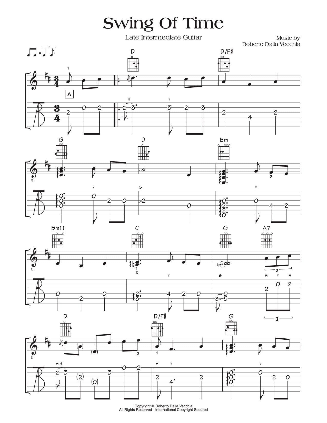 Sheet music for 'Swing Of Time' by Roberto Della Vecchia, featuring guitar tabs and notes.