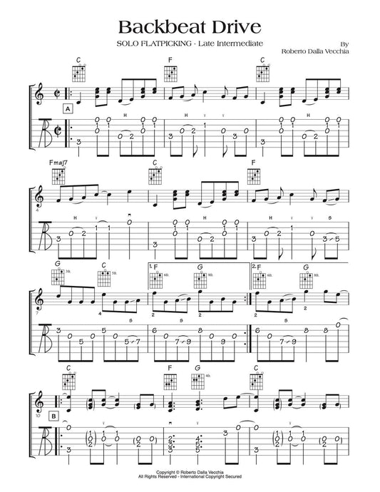 Guitar tablature sheet music for 'Backbeat Drive' by Roberto Baldia Vecchia.