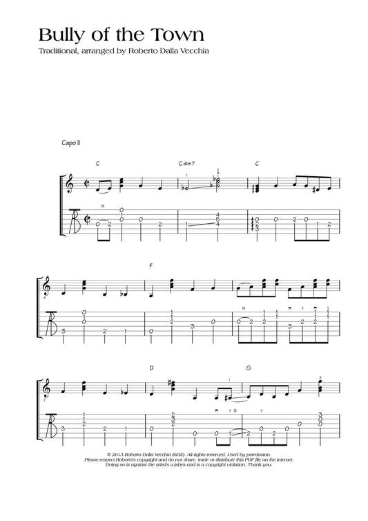 Sheet music page for the song 'Bully of the Town' by Roberto Dalla Vecchia