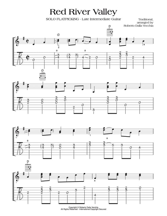 Sheet music page for the song 'Red River Valley' with musical notation, guitar tablature, and text including 'Solo Flatpicking - Late Intermediate Guitar' and 'Traditionally arranged by Roberto Dalla Vecchia.'.