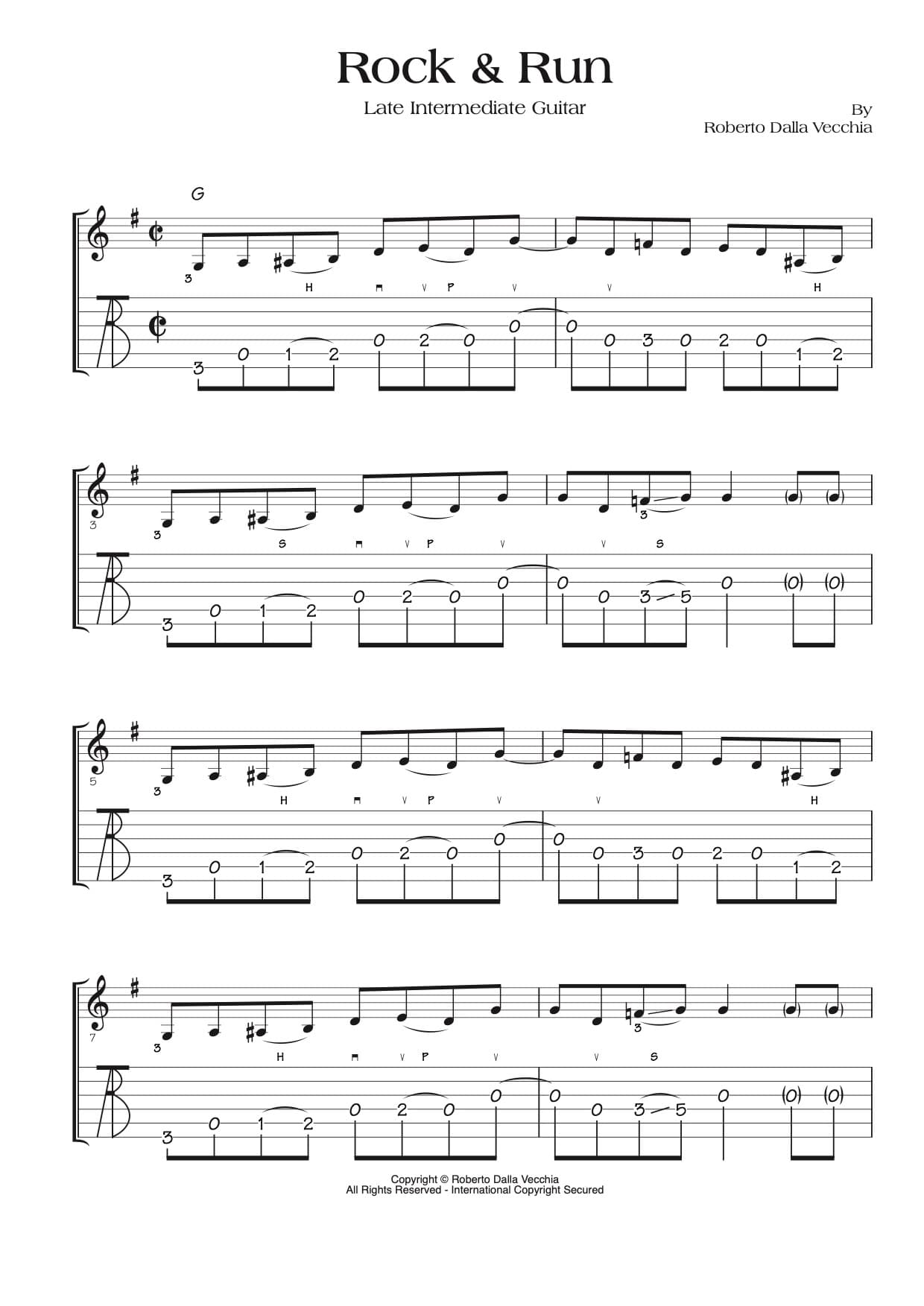 Sheet music for 'Rock & Run' by Roberto Dalla Vecchia, featuring guitar tablature.