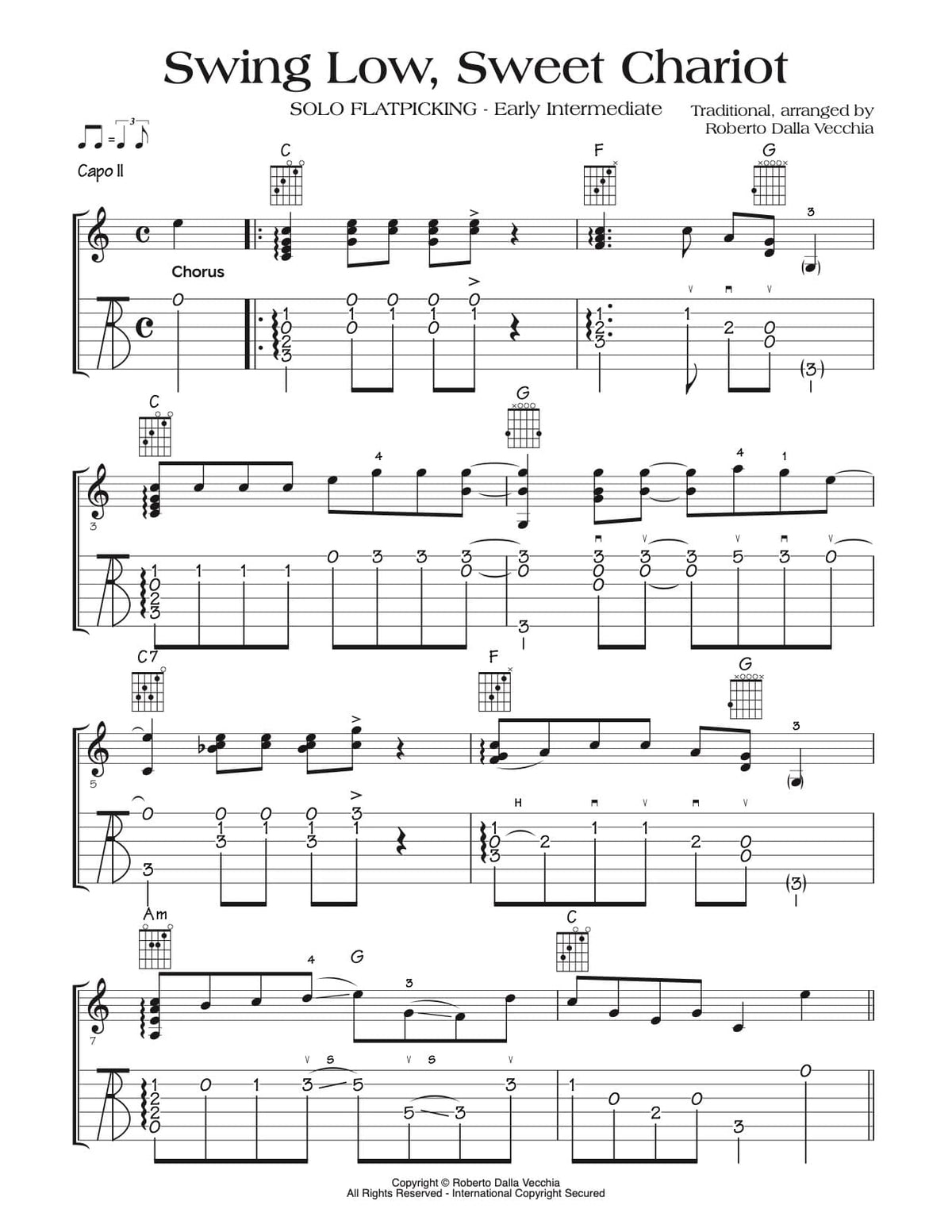Sheet music page for the song 'Swing Low, Sweet Chariot' with musical notation, chord symbols, and guitar tablature