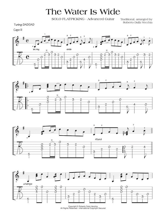 Sheet music for guitar with tablature for 'The Water Is Wide'.