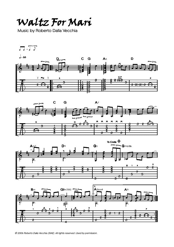Tablature "Waltz For Mari" Roberto Dalla Vecchia