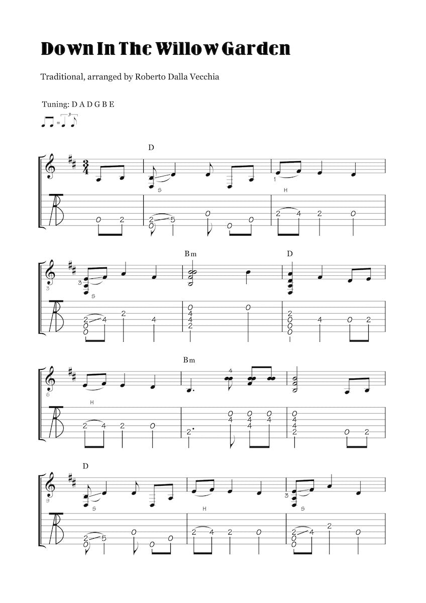 Sheet music for 'Down In The Willow Garden' with guitar tablature by Roberto Dalla Vecchia 