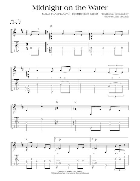 Sheet music for 'Midnight on the Water' with guitar tablature and notation by Roberto Dalla Vecchia.
