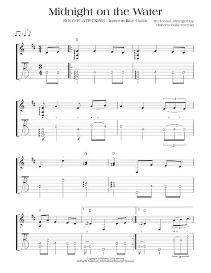 Sheet music for 'Midnight on the Water' with guitar tablature and notation by Roberto Dalla Vecchia.