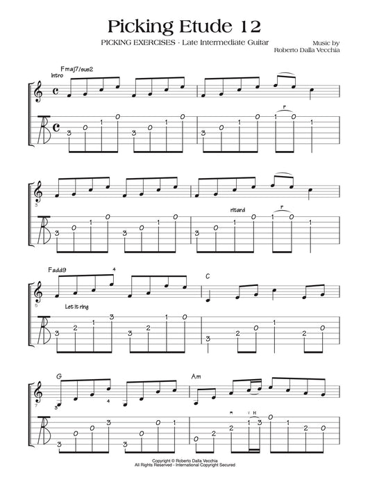 Sheet music for guitar picking exercises titled 'Picking Etude 12' by Roberto Dalla Vecchia.