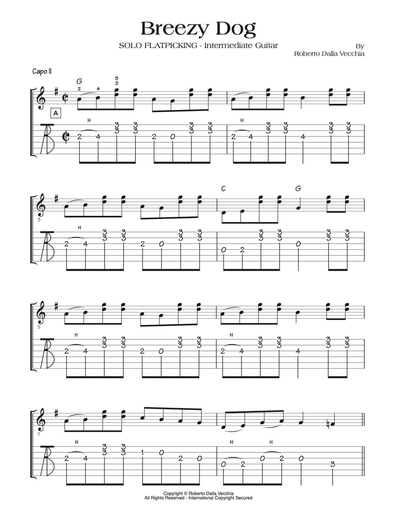 Sheet music and Tablature for 'Breezy Dog' solo flatpicking guitar by Roberto Della Vecchia
