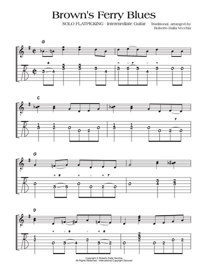 TAB sample for 'Brown's Ferry Blues' solo flatpicking on intermediate guitar, arranged by Roberto Della Vecchia.