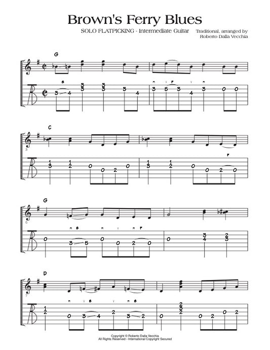 TAB sample for 'Brown's Ferry Blues' solo flatpicking on intermediate guitar, arranged by Roberto Della Vecchia.