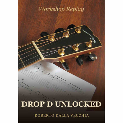 Product cover of 'Drop D Unlocked' by Roberto Dalla Vecchia with a guitar headstock and sheet music.