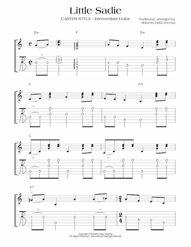 Sheet music for 'Little Sadie' in Carter Style with guitar tablature by Roberto Dalla Vecchia
