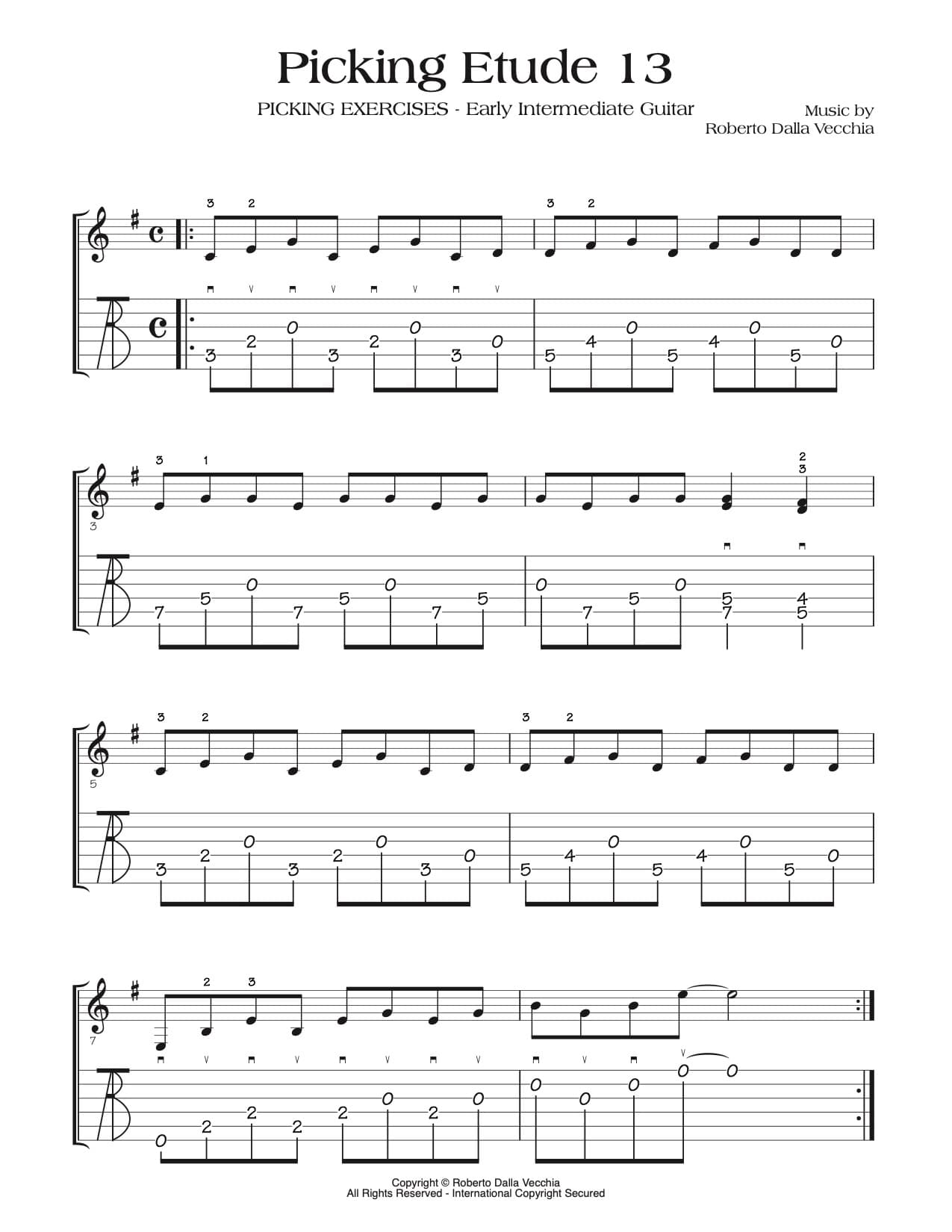 A page of guitar picking exercise sheet music titled 'Picking Etude 13' with intermediate-level notation and tablature on a white background.
