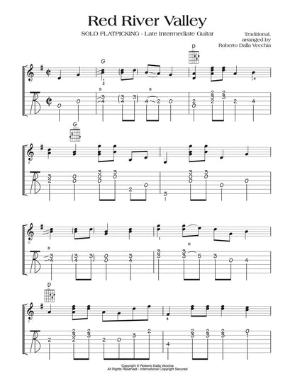 Sheet music page for the song 'Red River Valley' with musical notation, guitar tablature, and text including 'Solo Flatpicking - Late Intermediate Guitar' and 'Traditionally arranged by Roberto Dalla Vecchia.'.