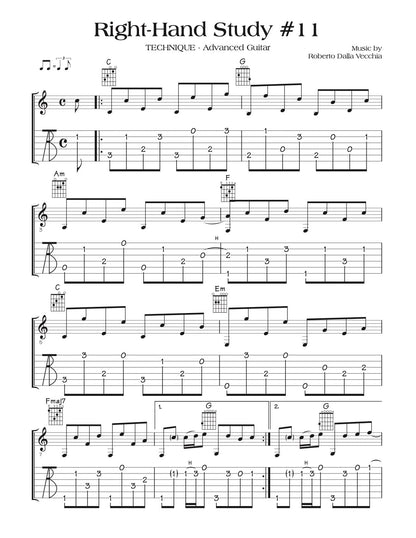 Sheet music page for 'Right-Hand Study #11' on an advanced guitar, featuring musical notation, chord symbols, and guitar tabs. The page credits 'Music by Roberto Della Vecchia'.