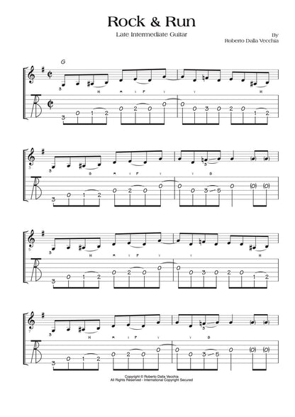 Sheet music for 'Rock & Run' by Roberto Dalla Vecchia, featuring guitar tablature.