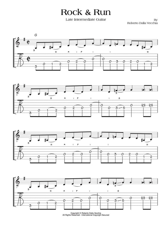 Sheet music for 'Rock & Run' by Roberto Dalla Vecchia, featuring guitar tablature.