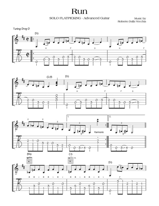 Sheet music page for the song 'Run' featuring guitar tablature, chord symbols, and musical notation.