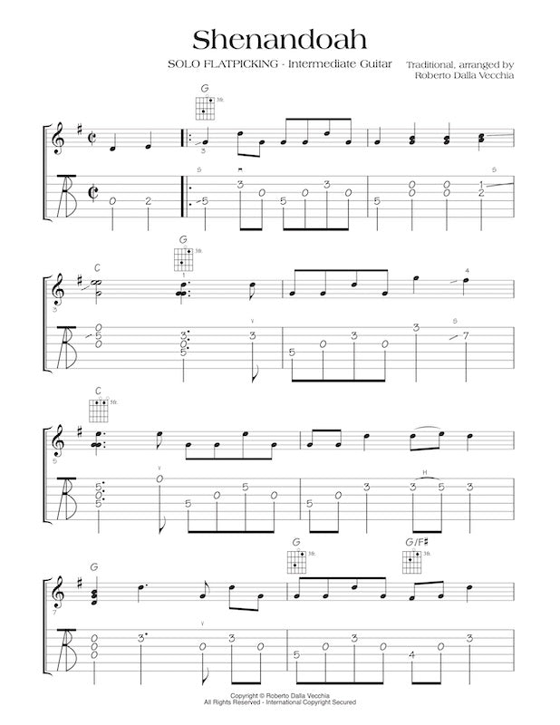 Sheet music for 'Shenandoah' with guitar tablature and notation by Roberto Dalla Vecchia