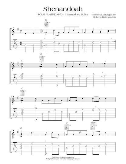 Sheet music for 'Shenandoah' with guitar tablature and notation by Roberto Dalla Vecchia