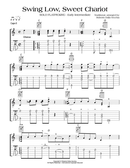 Sheet music page for the song 'Swing Low, Sweet Chariot' with musical notation, chord symbols, and guitar tablature