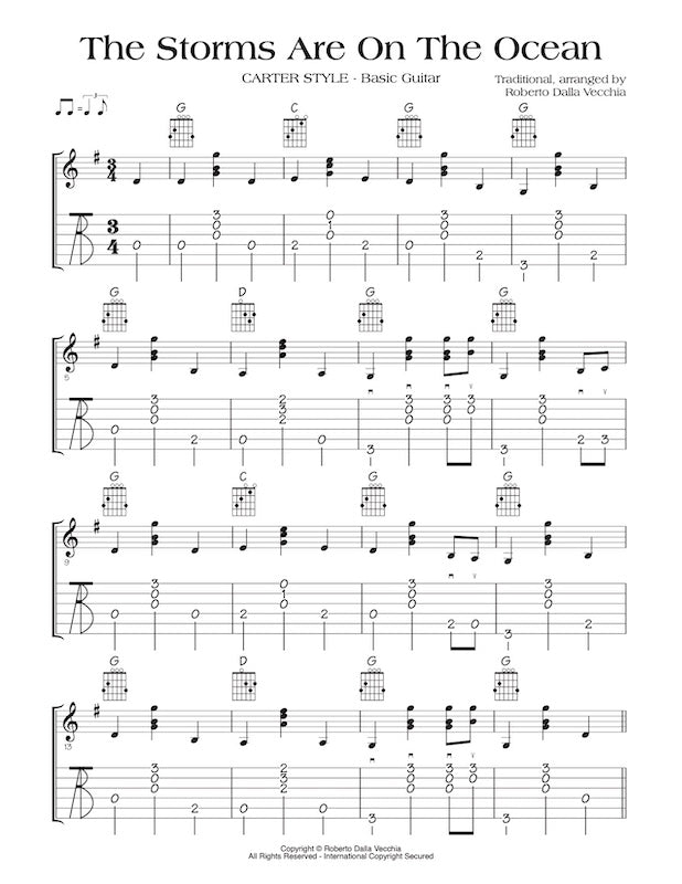 Sheet music for 'The Storms Are On The Ocean' with guitar tablature and notation by Roberto Dalla Vecchia