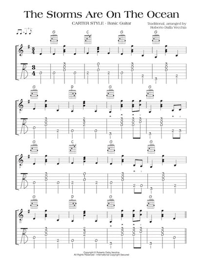 Sheet music for 'The Storms Are On The Ocean' with guitar tablature and notation by Roberto Dalla Vecchia