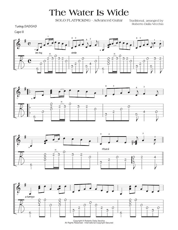 Sheet music for guitar with tablature for 'The Water Is Wide'.