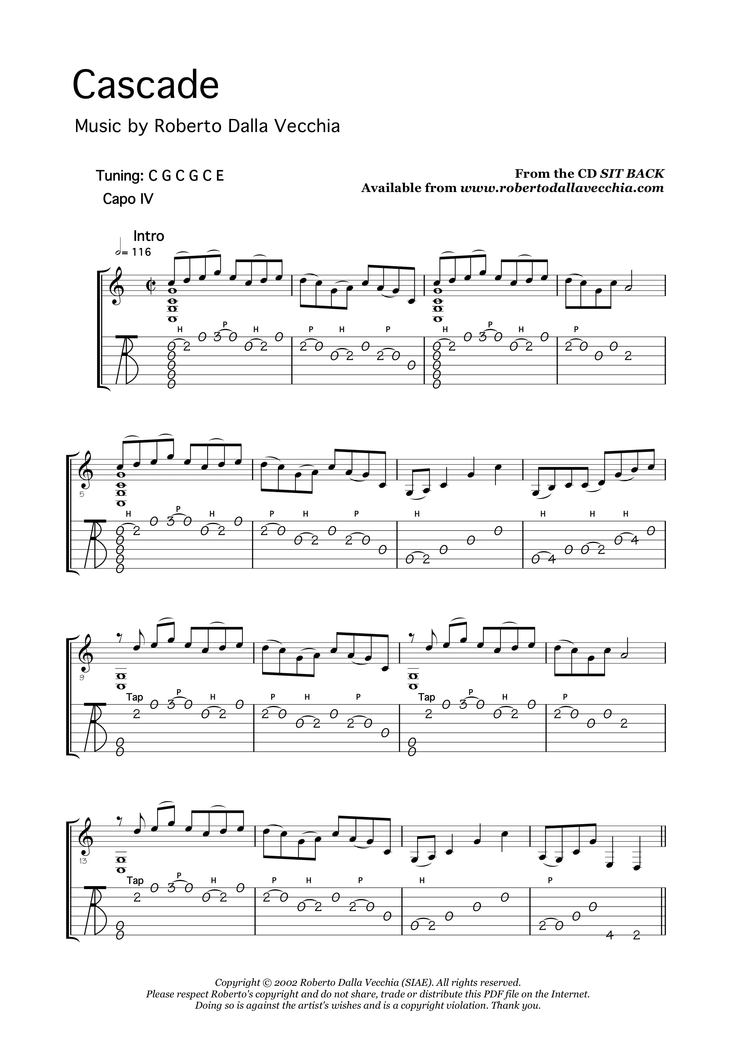 Cascade – Solo Flatpicking Guitar Tab & Notation | Roberto Dalla Vecchia